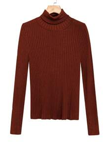 Calvaya 女士加大码纯色翻领针织套头毛衣秋冬毛衣 - 棕色 - 查看 1