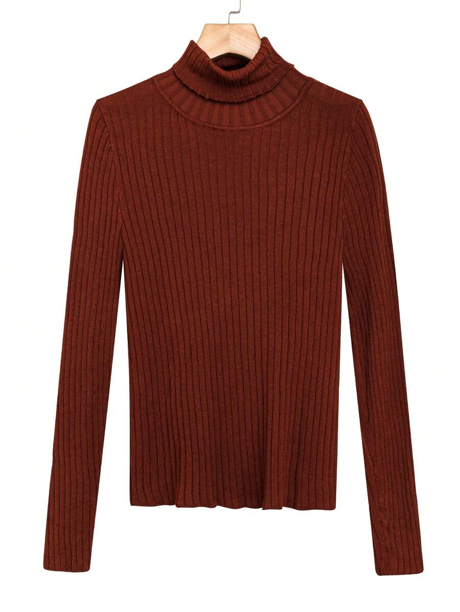 Calvaya 女士加大码纯色翻领针织套头毛衣秋冬毛衣 - 棕色 - 查看 1