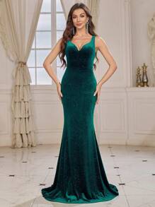 SHEIN Belle Women's Velvet Bodycon Mermaid Evening Dress With Cross Strap Back And Backless Design - Green - View 4