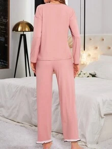 Women's Ruffle Hem Pocket Drop Shoulder T-shirt And Pants Pajama Set - Pink - View 2