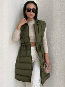 EURMUSE Drawstring Waist Zipper Hooded Vest Puffer Coat - Army Green - View 5