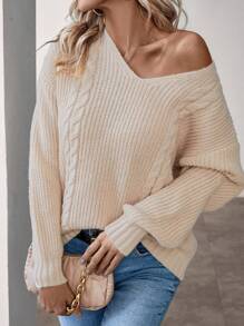 SHEIN LUNE Solid Colored Drop Shoulder Sweater Knit Pullover Fall Winter Outfit - Khaki - View 6