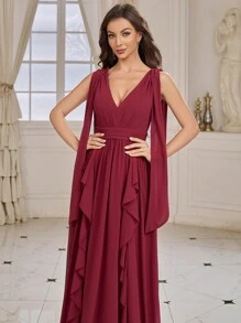 SHEIN Belle Adult Bridesmaid Dress With Fluttering Ribbon V Neck And Ruffle Hem - Burgundy - View 6