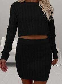 SHEIN LUNE Plus Size Solid Color Sweater Set - Black - View 3