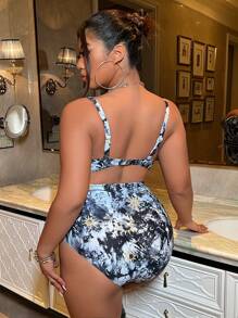 Swim EVENT 女士加大码全身印花连体泳衣，适合夏季海滩度假 - 黑色 - 查看 2