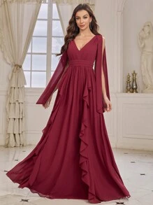 SHEIN Belle Adult Bridesmaid Dress With Fluttering Ribbon V Neck And Ruffle Hem - Burgundy - View 4