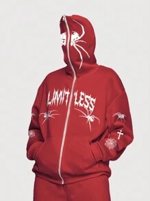ROMWE MEN Goth Men Spider Printed Hoodie - Red - View 1