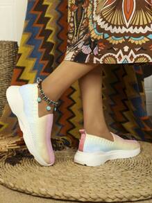 女士漸變色針織休閒滑步運動鞋，休閒鞋 - 粉色 - 查看 4