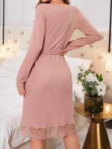 Bata De Encaje Para Mujeres Con Cinturón Y Parches Decorativos - Rosa vieja - Ver 2
