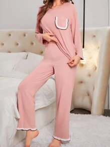 Women's Ruffle Hem Pocket Drop Shoulder T-shirt And Pants Pajama Set - Pink - View 6