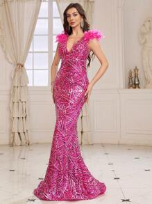 SHEIN Belle Vestido De Gala Formal De Noche De Pluma De Hombro Para Mujer (estilo De Alta Resistencia) - Rosa - Ver 6