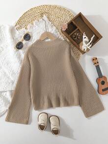 SHEIN Cô gái Tween Màu thuần Cổ thuyền viên Tay áo dài Áo chui đầu Áo len , Ngắn Chiều dài - Màu Khaki - Xem 2