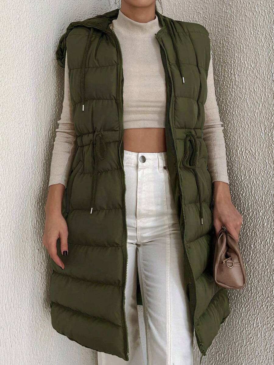 EURMUSE Drawstring Waist Zipper Hooded Vest Puffer Coat - Army Green - View 1