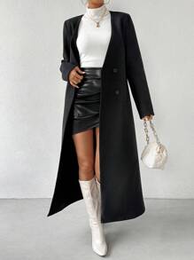 SHEIN Clasi 無領兩扣長毛呢外套 - 黑色 - 查看 3