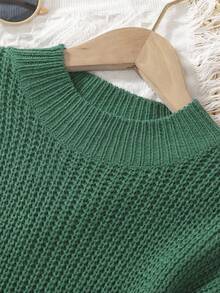 SHEIN 女童純色圓領長袖毛衣,短款 - 墨綠色 - 查看 5