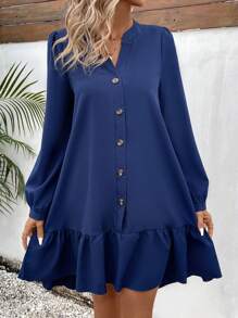 EMERY ROSE Women's Solid Color Lantern Sleeve Dress With Ruffled Hemline - Navy Blue - View 3