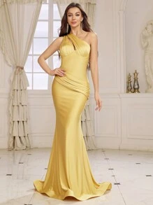 SHEIN Belle Women's One Shoulder/slanted Shoulder Hollowed-out Front Ruffle Waist Fish Tail Evening Dress (heavy Weight) - Yellow - View 5