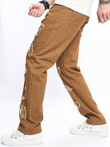 Manfinity Roghcode 男士棕色流蘇設計牛仔褲