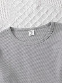 Three-Piece Solid Color Ribbed Pajamas Set For Tween Girls - Grey - View 5