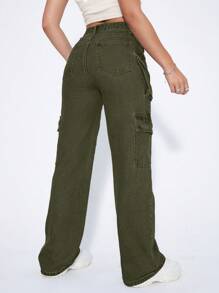 SHEIN ICON 女士粉色貨物口袋牛仔褲 - 軍綠色 - 查看 2