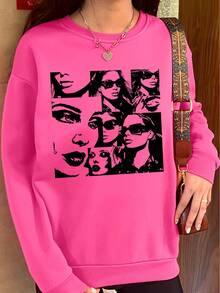 SHEIN EZwear Women's Character Print Drop Shoulder Sweatshirt - Hot Pink - View 5