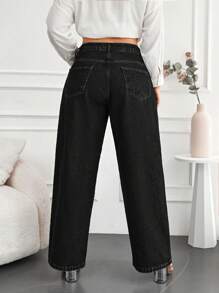 EURMUSE Plus Size  Solid Color Straight Leg Jeans - Black - View 2