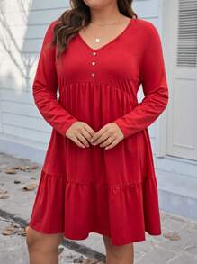 SHEIN LUNE Plus Size V-neck Ruffled Long-sleeve Dress