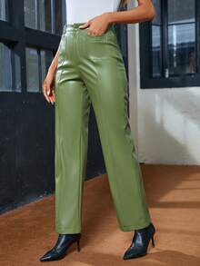 SHEIN Privé Quý cô Thường xuyên Thẳng Dài Quần - màu xanh lá - Xem 3