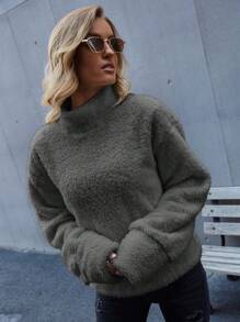 EMERY ROSE 純色毛絨圓領落肩運動衫 - 深灰色 - 查看 4