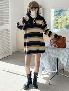 DAZY 女士條紋polo領毛衣 - 咖啡棕 - 查看 7