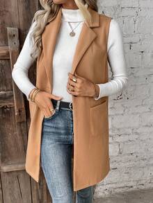 SHEIN Frenchy Không tay Len Áo vest Với Nút đơn Khép kín Và Túi - Lạc đà - Xem 5