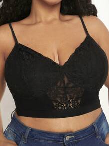 SHEIN CURVE+ Áo hai dây Plus Size Tương phản ren màu trơn Giải trí - màu đen - Xem 7
