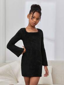 SHEIN Cô gái Tween Đường phố Mát mẻ Cổ vuông Tay áo dài Đầm - màu đen - Xem 3