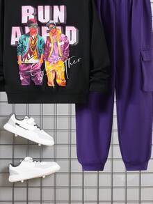 Cậu bé Tween Lỏng lẻo phù hợp Giải trí Nhân vật & Lá thư In Hoodie Và Quần Chạy bộ Bộ - màu đen - Xem 3