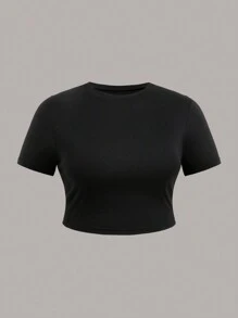 Flirla Kích thước lớn Của phụ nữ Màu thuần Ngắn tay Quần skinny Áo thun - màu đen - Xem 3