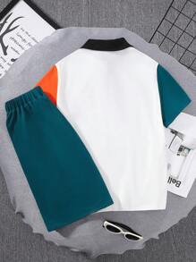 SHEIN Tween Boys' Two-Piece Set Of Contrasting Pattern Lapel Polo Shirt And Shorts