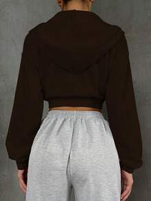 SHEIN Unity Solid Color Drop Shoulder Half Zipper Hooded Sweatshirt With Drawstring - Rust Brown - View 2