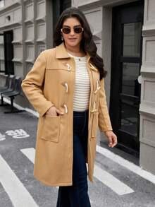 SHEIN Franclia 女式大碼雙排釦領扣毛呢大衣,帶有兩個口袋 - 卡其色 - 查看 5