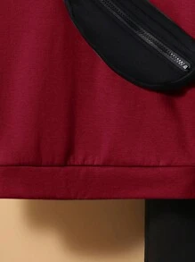 SHEIN Tween 男孩休閒拼色連帽衫字母印花慢跑針織套裝配純色下裝配配套包袋 - 酒紅色 - 查看 5