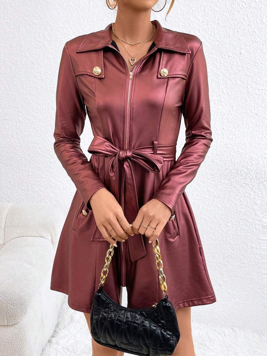SHEIN Privé 女士拉鍊式前開衫,細節為鈕扣,設有腰部彈性設計 - 酒紅色 - 查看 1