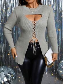 SHEIN Clasi Women's Plus Size Solid Color Round Neck Hollow Out Cross Strap Ribbed Knit Sweater Knit Pullover Fall Winter Sweater - Grey - View 3