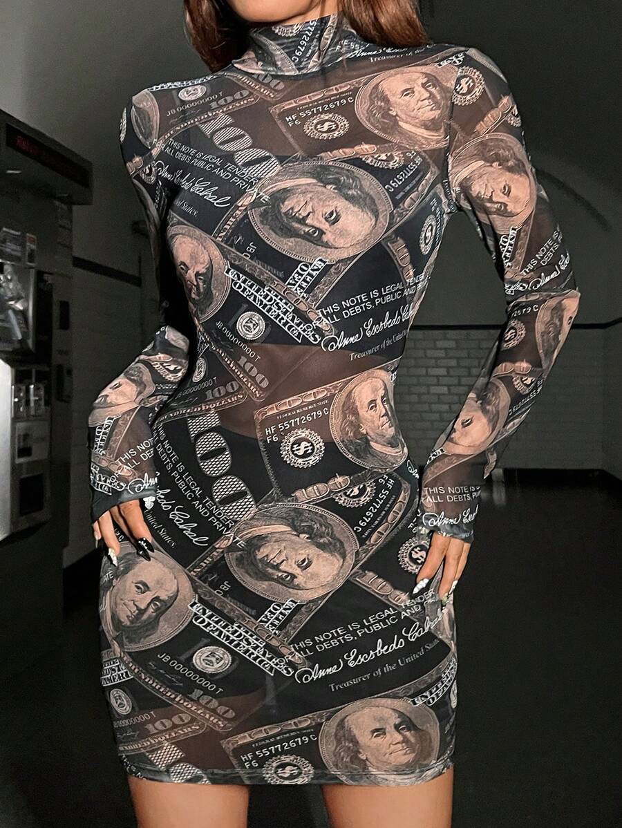 SHEIN ICON Mock Neck Dollar Mesh Bodycon Dress Without Lingerie - Black - View 1