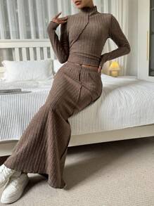 SHEIN Essnce 高領t卹裙套裝 - 棕色 - 查看 3