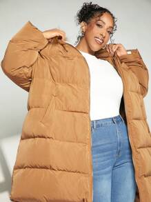 SHEIN CURVE+ Áo khoác độn có mũ trùm đầu cỡ lớn dành cho nữ với chi tiết mờ Mũ trùm đầu & khóa kéo phía trước - Màu Khaki - Xem 4