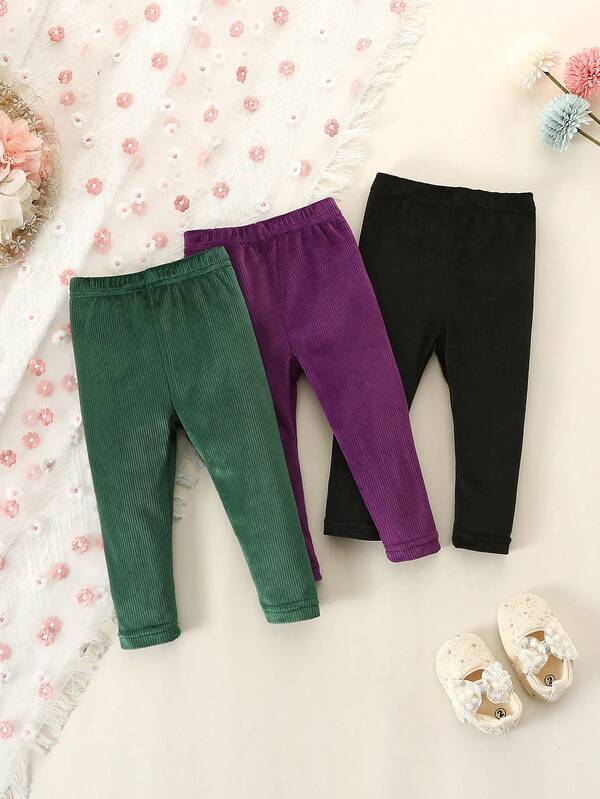 3pcs/Set Baby Girls' Leisure Velvet Ribbed Leggings To Wear Outside for