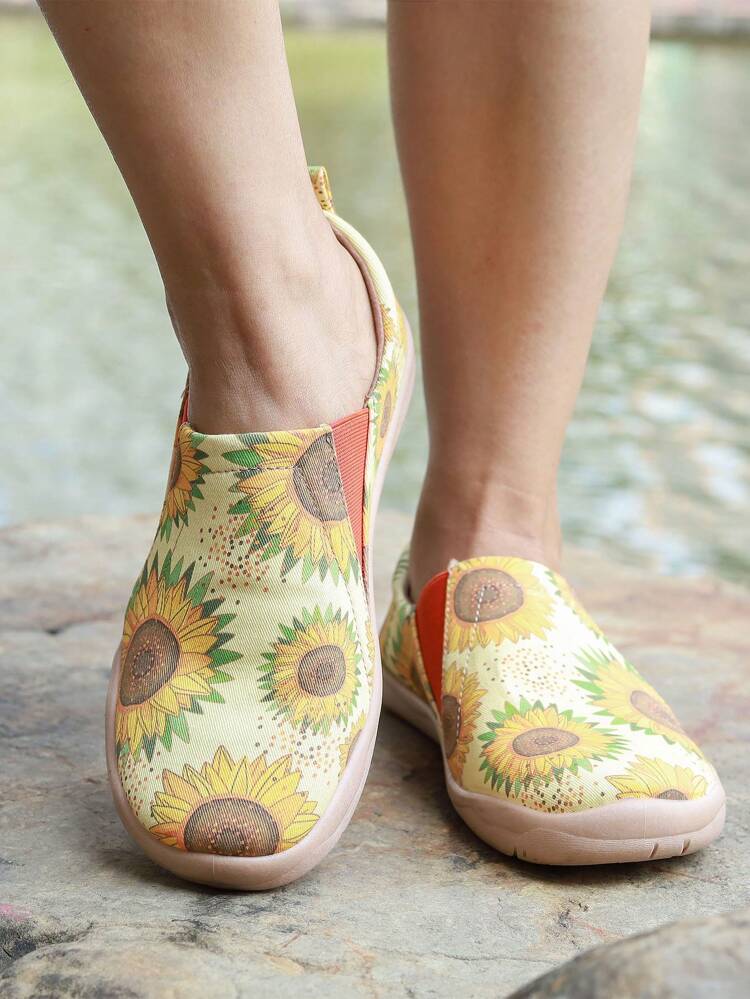 Women's Fashionable Outdoor Slip-On Shoes With Sunflower Print, Yellow Sports Shoes Casual Shoes Tainers