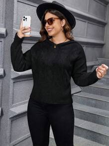 Calvaya Plus Cable Knit Drop Shoulder Hooded Sweater Knit Pullover Fall Winter Sweater - Black - View 5