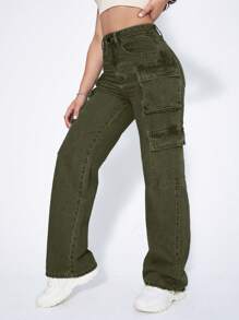 SHEIN ICON 女士粉色貨物口袋牛仔褲 - 軍綠色 - 查看 5