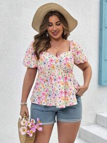SHEIN VCAY Plus Size Women's Sweetheart Neckline Floral Printed Shirt - Multicolor - View 3
