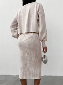 EURMUSE Cổ giả Thả vai Áo len & Đan Đầm - Màu be - Xem 2